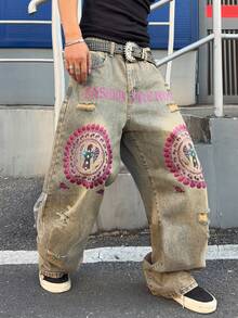 Manfinity EMRG Quần jeans nam phong cách đường phố cổ điển, dáng rộng, ống thẳng, in chữ graffiti và họa tiết rách. - Màu xanh lam - Xem 5