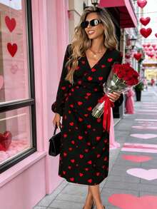 Pariaura 女士爱心印花V领收腰中长连衣裙，适合情人节派对，法式浪漫显瘦，优雅连衣裙，女士春季装扮，女士夏季长裙，女士生日装扮，红色连衣裙，情人节连衣裙，女士情人节装扮，情人节服装，情人节爱心连衣裙，长袖优雅连衣裙，爱心印花连衣裙，女士黑色连衣裙，女士长袖黑色连衣裙，女士爱心印花连衣裙，优雅爱心印花连衣裙，中长裹身连衣裙 - 黑色 - 查看 1