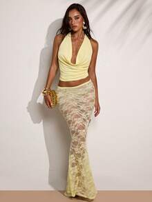 SHEIN BAE Women's Fashionable Sexy Plunging Neck Camisole & Lace Skirt Set 2 Piece Long Skirt Set Butter Yellow Two Piece Set Lace 2 Piece Set - Yellow - View 7