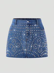 Maija 大码夏季休闲水洗牛仔裙，饰有水钻 - 中等水洗藍 - 查看 5