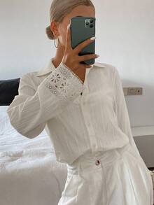 DAZY 夏季新款宽松休闲奶油黄色女式衬衫长袖上衣 - 白色 - 查看 4