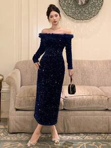 DAZY 新款春夏约会之夜穿搭，Encore 红色单肩长裙（女士款） - 藏蓝色 - 查看 3