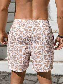 VIVINTIMO Men's Plant Print Drawstring Waist Beach Shorts Summer Shorts - Beige - View 2