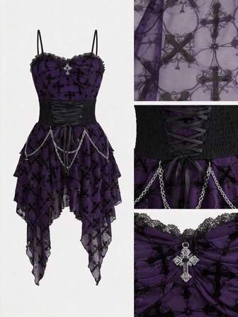 Goth Abito da donna romantico e vintage, stile gotico, con croce floccata, catena staccabile, allacciatura in vita asimmetrica