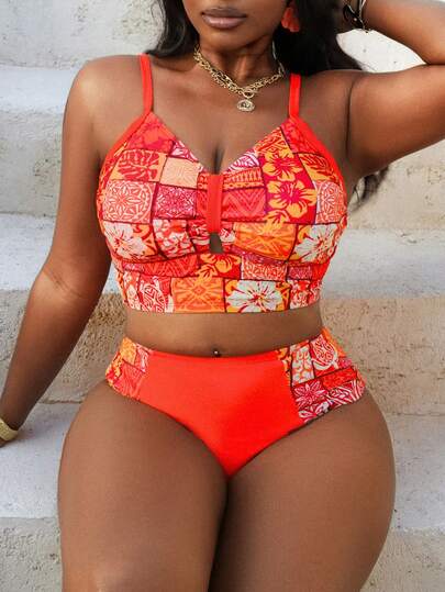 Slaydiva 暖橙棕色花卉印花泳衣 - 细肩带露背高腰拼接修身沙滩度假风