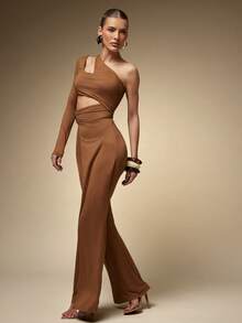 Hauture Amber Brown Cut Out Asymmetrical Panel One Shoulder Jumpsuit - Brown - View 4