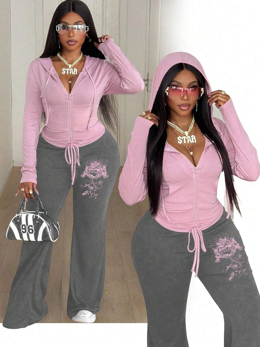 Maweii Bộ đồ hai mảnh gợi cảm dành cho nữ cỡ lớn, gồm áo nỉ dài tay có mũ, cạp chun và quần ống loe, thích hợp mặc ở nhà hoặc đi dạo phố, mùa thu/xuân. - Nhiều màu - Xem 1