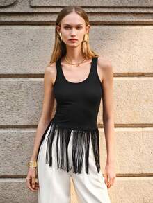 Lumivelle Valentine's Day Women's Fashion Simple U-Neck Fitted Tank Top With Hem Fringe Trim Party Top Fringe Tops For Women Black Fringe Top Summer Tops Women - Black - View 3