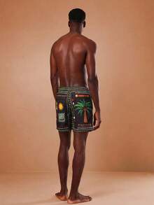 SUMWON Men Tropical Beach Shorts With Palm Tree Sun Print Regular Fit Pull On Summer Vacation Swimwear - Black - View 5