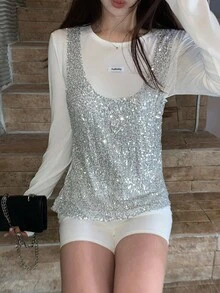 DAZY Women's Luxury Sequin Embellished 2 In 1 Loose T-Shirt Design Top - White - View 4