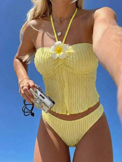 Swim Mod Women's Textured 2 Pieces Bikini Set, Casual Holiday Style