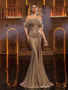 Glamrae 优雅奢华的串珠亮片花卉露肩褶皱鱼尾弹力针织泳装连衣裙，适合婚礼、派对、节日、晚宴（装饰繁复） - 咖啡棕 - 查看 6