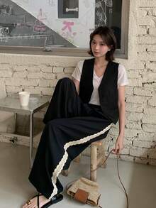 DAZY 女士V领纯色休闲背心和九分裤两件套家居服套装 - 黑色 - 查看 1