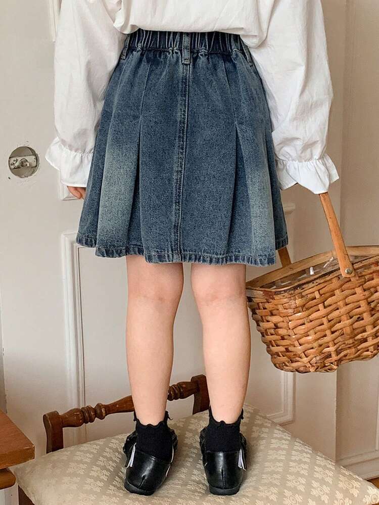 Young Girl' Washed Casual Pleated Denim Skirt