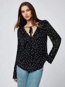Maija Women's Casual Polka Dot Print Flare Sleeve Blouse, Autumn - Black - View 7