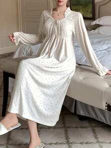 DAZY Women's Sweet Ditsy Floral Frill Trim Drawstring Nightgown - Beige - View 6