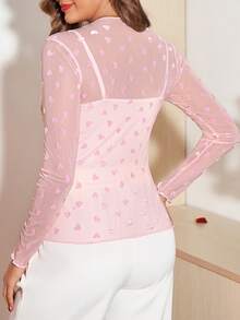 Amorya Blusa de punto elástica con volantes de terciopelo con forma de corazón, de uso diario, elegante, color rosa semitransparente, adecuada para otoño/invierno, principios de primavera, citas, Día de San Valentín - Rojo violeta - Ver 2