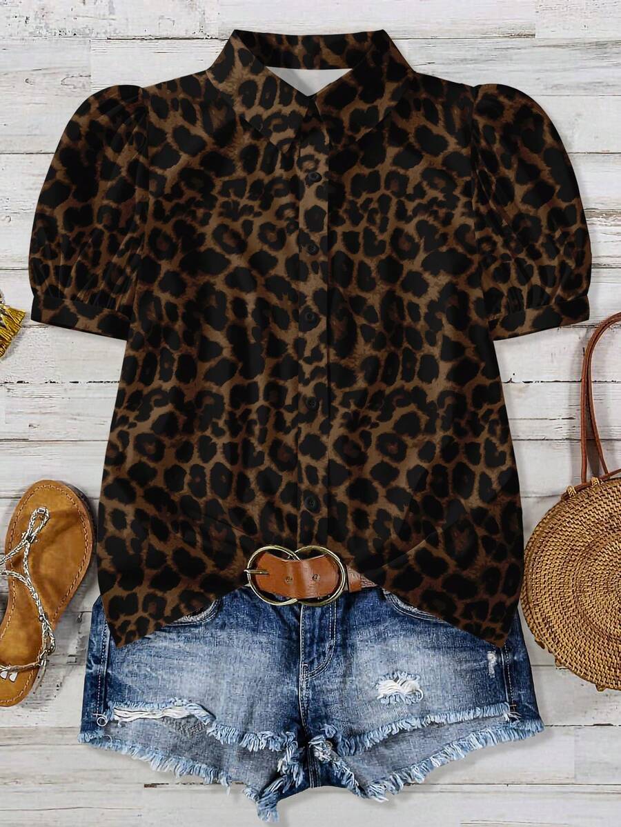 EMERY ROSE Áo sơ mi nữ cỡ lớn phong cách Y2K cổ điển, thường ngày, họa tiết da báo, tay phồng, dáng rộng. - Nhiều màu - Xem 1