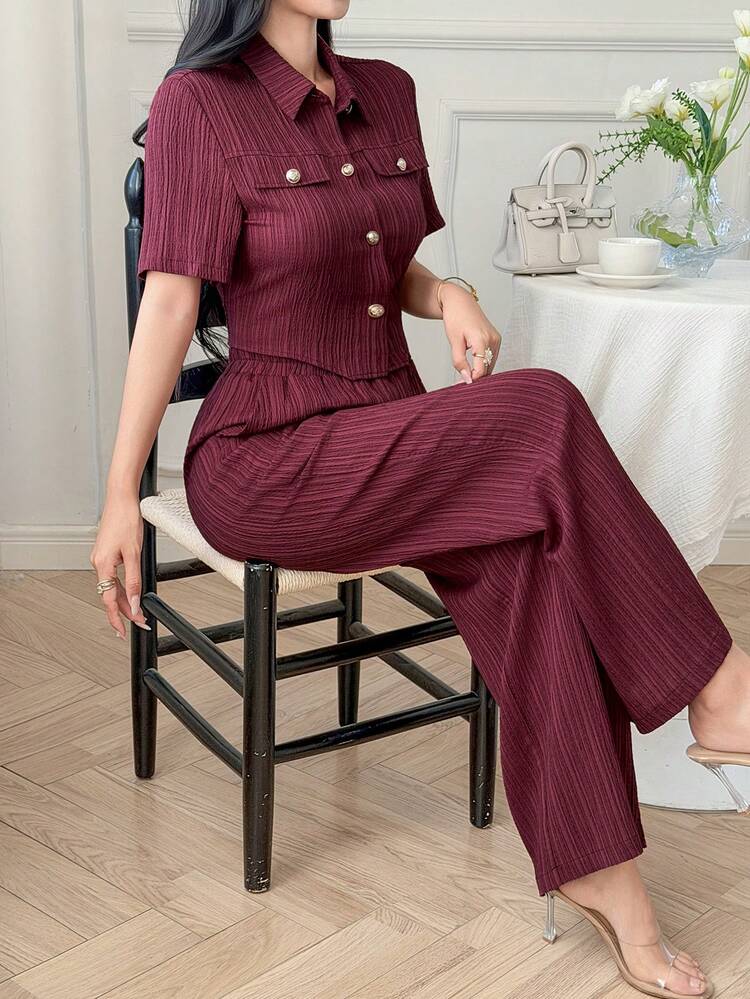 Women's Casual Striped Textured Faux Pocket Shirt And Wide Leg Pants 2 Pieces Set, Summer Spring,Wedding Guest Dress Women