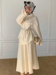 Solavon Bộ đồ nữ thường ngày gồm áo và chân váy màu trơn, thích hợp mặc đi làm. - Vàng nhạt - Xem 7