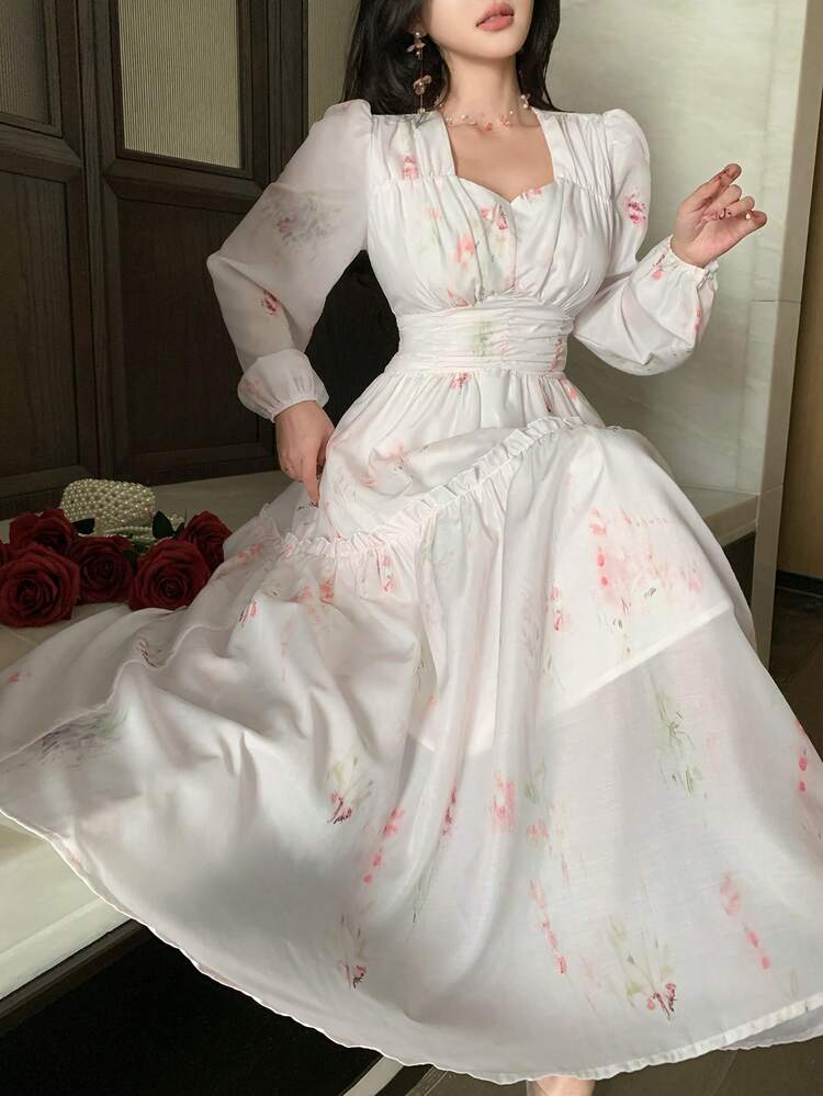 Women's Elegant Floral V-Neck Ruched Frill Hem Mid-Length Dress, Spring/Summer Wedding Guest Dress Sundress