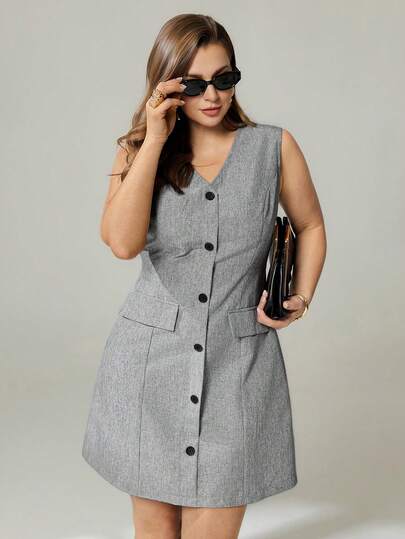 Auralis Plus Size Summer Casual Commuter Front Button Sleeveless Dress/Front Color-Blocked Button-Down Plus Size Grey Sleeveless Fitted A-Line Dress / Elegant And Sophisticated Work Dress With Faux Pocket Details / Vest Dress / Basic Grey Dress / Teacher's Uniform / Plus Size Dress For Wearing Alone Or Layering Spring Outfit Women Spring Dress For Women