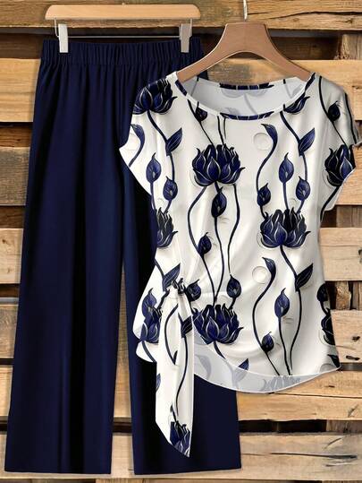 Women's Tie Bow Blouse And Straight Leg Pants 2 Pieces Set,Casual