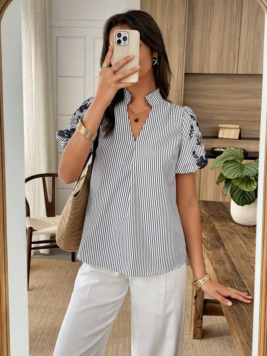 Elouméa Women's Casual Ruffle Decor Round Neck Striped Print, Embroidered Sleeve Loose Blouse, Suitable For Daily Wear And Vacation - Yellow - View 1