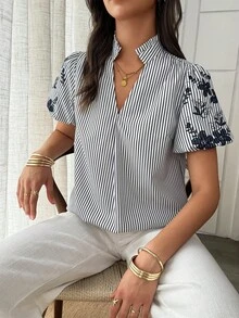 Elouméa Women's Casual Ruffle Decor Round Neck Striped Print, Embroidered Sleeve Loose Blouse, Suitable For Daily Wear And Vacation - Yellow - View 3