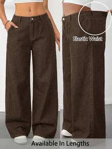 SHEIN Tall CURVE 大码夏季秋季返校季可爱千禧风机场牛仔裤，适合女性，低腰阔腿，休闲水洗低腰阔腿 - 棕色 - 查看 8