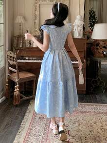 DAZY Women's Elegant Floral Embroidered Mid-Length Dress, Summer - Blue - View 2