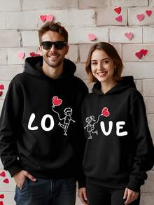 Manfinity Homme Fashionable Casual Funny Interactive Cartoon Couple Element Print Hoodie, Slim Fit Men's Black, Suitable For Dates, Gatherings, Great Gift For Boyfriend - Black - View 1
