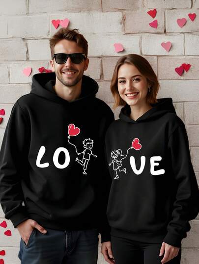 Manfinity Homme Fashionable Casual Funny Interactive Cartoon Couple Element Print Hoodie, Slim Fit Men's Black, Suitable For Dates, Gatherings, Great Gift For Boyfriend