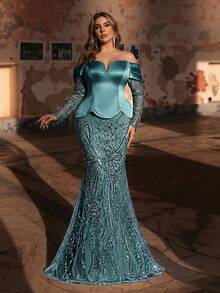 Aureia 大码优雅奢华灰蓝色露肩长袖薄纱弹力缎面拼接珠饰亮片花卉美人鱼连衣裙，适合婚礼、派对、度假、晚宴、正式场合（装饰繁复） - 藍色 - 查看 7