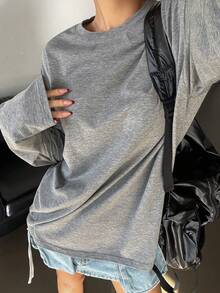 DAZY 纯色圆领宽松长袖长款女式 T 恤，秋季服装学院风上衣 - 灰色 - 查看 7