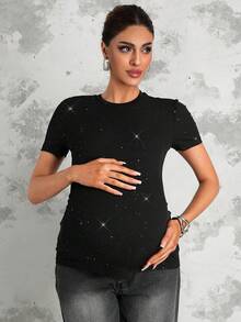 MaterniChic 孕妇时尚休闲亮片圆领短袖T恤 - 黑色 - 查看 7