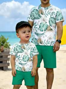 Bộ 2 món áo thun ngắn tay và quần short in hình lá cọ, kiểu dáng thường ngày, thoải mái cho bé trai, thích hợp mặc mùa xuân/hè. - Nhiều màu - Xem 5