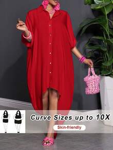 SHEIN CURVE+ 尺码 US22 适合音乐节、海滨度假、波西米亚风休闲纯色蝙蝠袖前扣连衣裙，女式加大码服装 - 紅色 - 查看 1