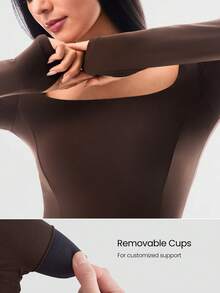 GLOWMODE FeatherFit™-Air Sunproof Work And Flow Square Neck Open U-Back Wide Leg Long Sleeve Bodysuit With Thumbholes Daily Casual Wear Removable Cups - Brown - View 4