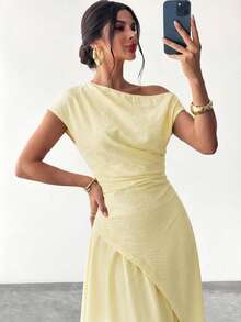 Firerie Women's Elegant Asymmetric Shoulder A-Line Music Festival Dress - Light Yellow - View 8