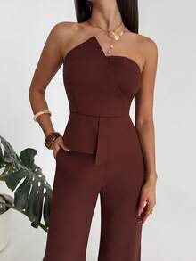 Aloruh Brown Minimalist Commuter Sleeveless Patchwork Crop Top + Wide Leg Long Pants Set, Spring/Summer - Brown - View 7