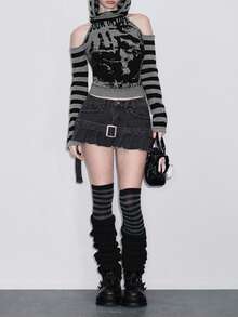 ROMWE Kawaii Áo len nữ cỡ lớn dễ thương, ngọt ngào, có dây buộc ở cổ tay, kiểu tay phồng, trễ vai. - Xám - Xem 7