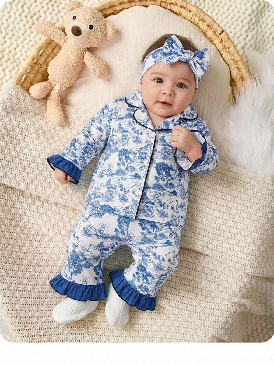 Babygirl Casual Cute Colorblock Landscape Graphic Ruffle Trim Long Sleeve Pajama Set - Blue - View 1