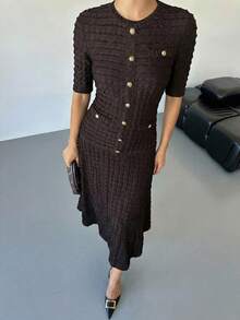 Lavishia Elegant Jacquard Textured Fabric Midi Dress With Round Neck - Brown - View 3