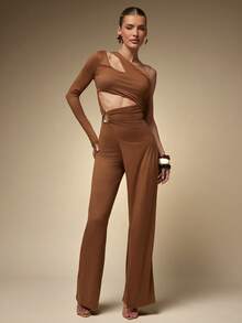Hauture Amber Brown Cut Out Asymmetrical Panel One Shoulder Jumpsuit - Brown - View 1