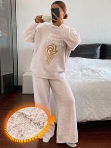 DAZY 女士两件套冰淇淋印花抓绒针织宽松睡衣套装 - 粉色 - 查看 3