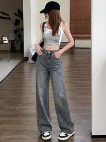 DAZY Quần jeans nữ cạp cao, có túi, dáng rộng, ống rộng, thoải mái. - Xám - Xem 4