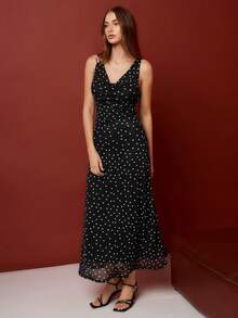 Maija Women's Elegant Polka Dot Print Sleeveless Dress, Summer - Black - View 2