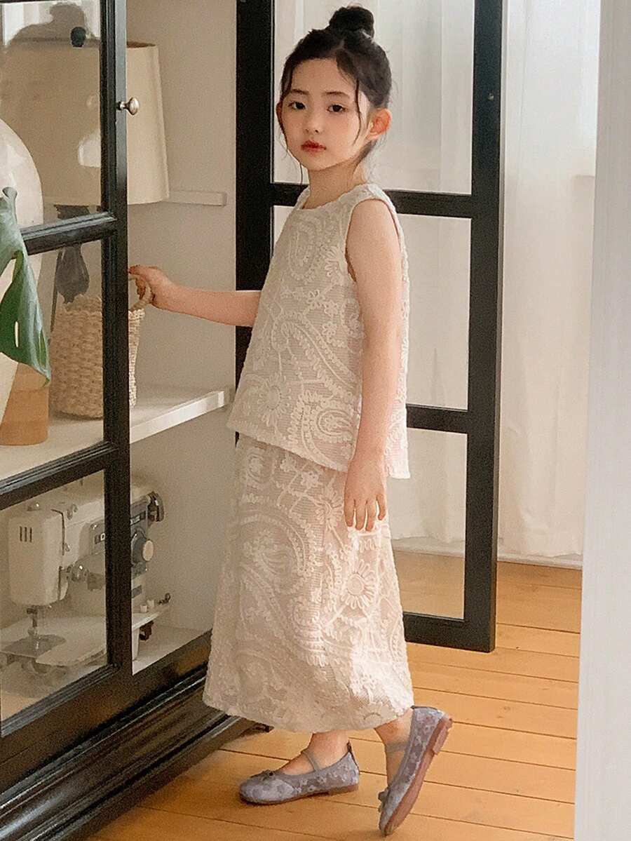 Dazy Kids 女童（小号）圆领蕾丝无袖上衣+半裙套装，精致韩版派对装 - 杏色 - 查看 1