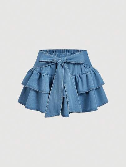 Sweetra Plus Size Women's Denim A-Line Mini Skirt With Bow Waist Design